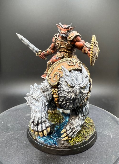 Vaderimo the Orc riding his Owlbear, Feamir