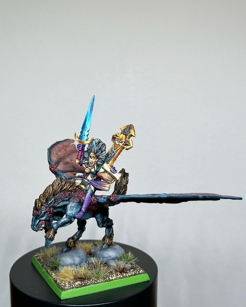 Dark elf sorceress riding dark pegasus