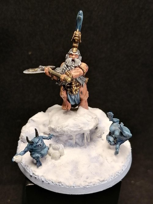 Dwarf attacks nurglings palying in the snow